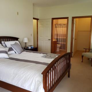 A cozy bedroom featuring a wooden bed frame, neatly arranged pillows and a view into an adjoining bathroom.