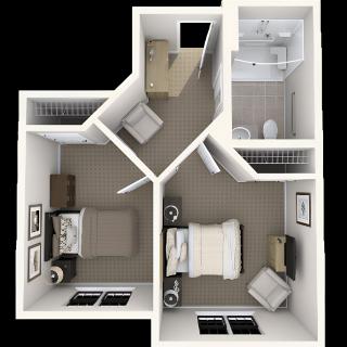 A 3D floor plan of an apartment featuring a bedroom, bathroom, and living area.