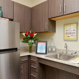 A modern kitchen area with wooden cabinets, a stainless steel fridge, and decorative elements.