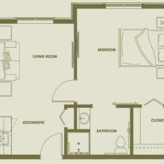 A layout of an apartment showing a bedroom, bathroom, closet, kitchenette, and living area.