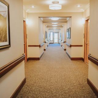 A well-lit hallway with carpeted floors and multiple doorways.