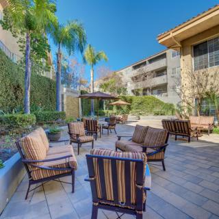 A sunny patio with comfortable outdoor seating surrounded by palm trees and garden greenery.