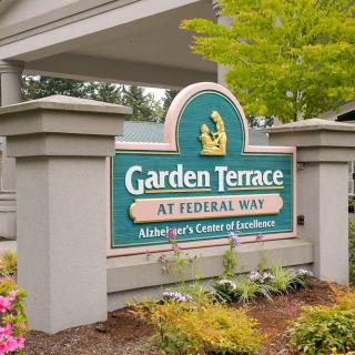 The entrance sign for Garden Terrace at Federal Way, an Alzheimer's Center of Excellence.