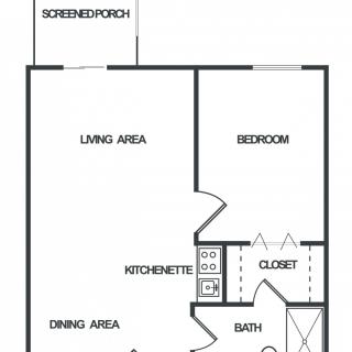 A simple floor plan of an apartment featuring a living area, bedroom, kitchenette, dining area, bathroom, closet, and screened porch.
