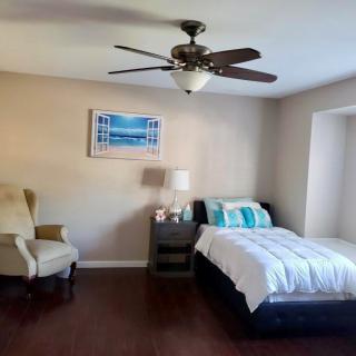 A modern bedroom features a bed, chair, nightstand with a lamp, and a ceiling fan.