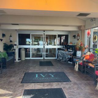 Entrance to a hotel lobby with decorative plants and seating.
