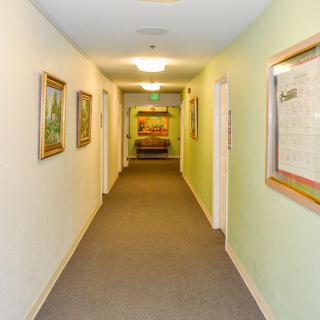 A brightly lit hallway with artwork on the walls and a carpeted floor.