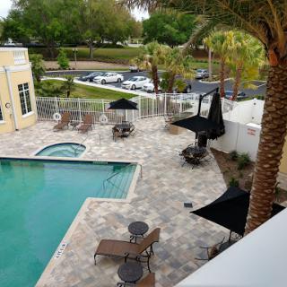 A serene view of a poolside area featuring lounge chairs, palm trees, and a relaxing atmosphere.