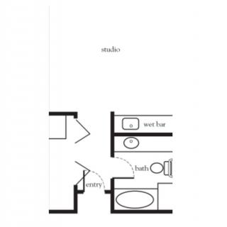 Floor plan of a studio apartment with bathroom layout.