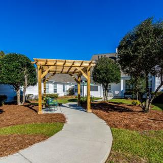 A beautiful residential pathway with a wooden pergola and well-maintained landscaping under a clear blue sky.