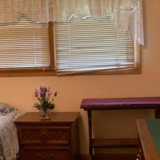 A cozy bedroom with a nightstand and flower vase near a window with blinds.