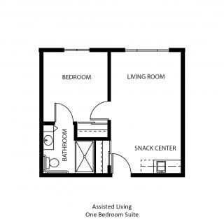 Floor plan of a one-bedroom assisted living suite with a living room, bedroom, bathroom, and snack center.