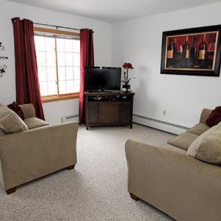 A cozy living room with beige sofas, a TV on a stand, and red curtains framing a large window.