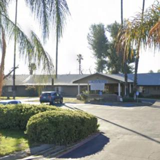 A building surrounded by palm trees with a parking lot in front under a sunny sky.