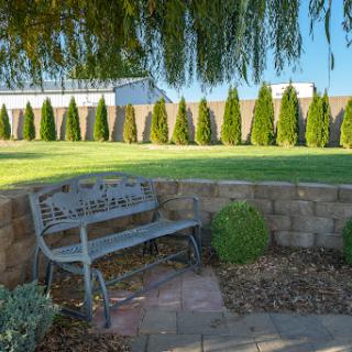 A peaceful garden scene featuring a metal bench surrounded by lush greenery and neatly trimmed trees.
