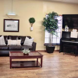 A cozy living room with a sofa, coffee table, piano, and a television, accented by indoor plants and wood flooring.