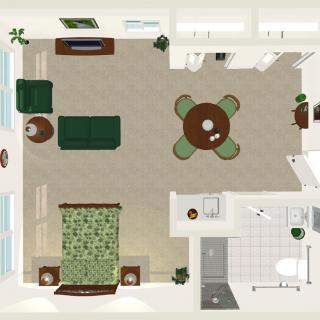 This image showcases a detailed floor plan of a one-bedroom apartment with designated areas for living, dining, kitchen, and bathroom.