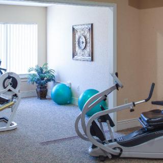 A cozy home gym with exercise equipment and fitness accessories.