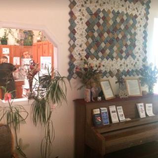 A cozy interior with a piano, quilt on the wall, and various plants.