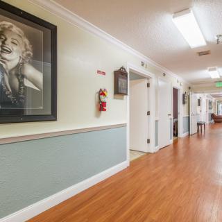 A well-lit hallway with wooden flooring, featuring artwork and multiple doorways.