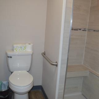 A small bathroom with a toilet and a tiled shower area.