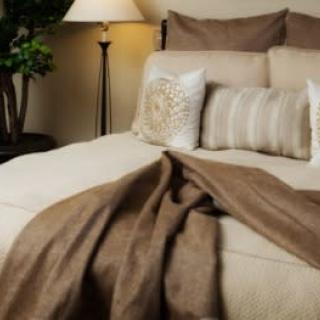 A cozy bedroom setting with neatly arranged pillows, a soft blanket, and a warm lamp.