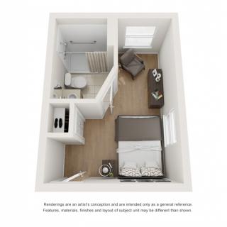 A 3D floor plan of a small apartment featuring a bedroom, bathroom, and sitting area.