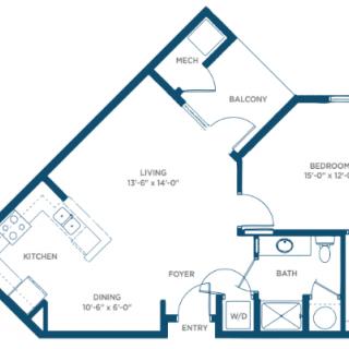 A floor plan of a one-bedroom apartment featuring a living room, kitchen, dining area, bathroom, and balcony.