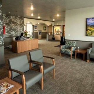 A spacious waiting room with comfortable seating and a reception desk, adorned with decorative artwork.