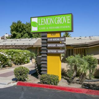 A healthcare facility sign for Lemon Grove, featuring various therapy services, set against a backdrop of greenery and clear blue sky.