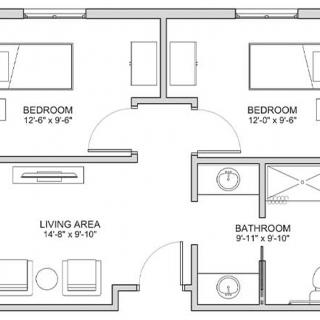 A floor plan of a two-bedroom apartment with living area and bathroom.