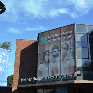 Exterior view of Mather Hospital featuring healthcare professionals.