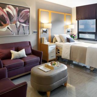 A modern hospital room featuring a comfortable sofa, bed, and stylish decor.