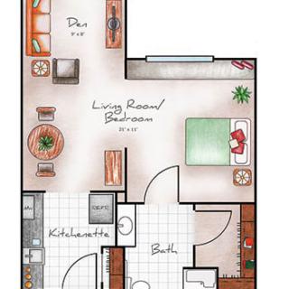 A floor plan of a one-bedroom apartment, featuring a kitchen, bathroom, living room, and dining area.