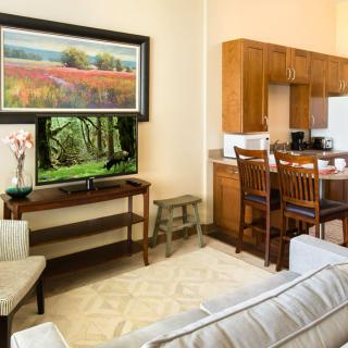 An open layout living room with a television and artwork, adjacent to a kitchen area with wooden cabinets and bar stools.