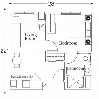 Floor plan of a compact apartment with living room, bedroom, bathroom, and kitchenette.