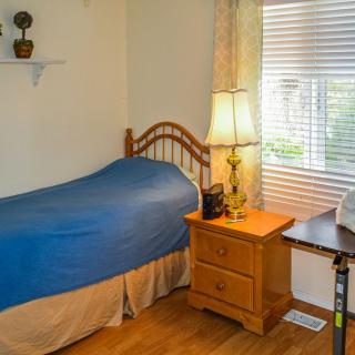 A cozy bedroom with a single bed and wooden furniture, illuminated by daylight through the window.