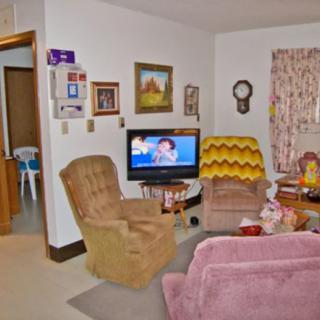 A cozy vintage-style living room with a television, armchairs, and decorative paintings on the walls.