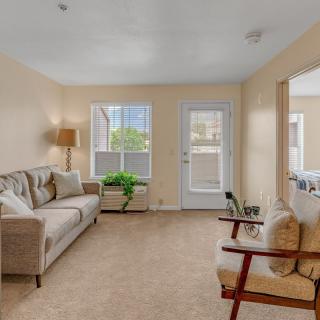 A cozy living room with a comfortable sofa and armchair, complemented by a floor lamp and house plants.