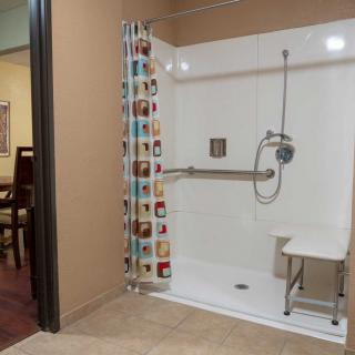 An accessible bathroom with a walk-in shower featuring grab bars, a shower chair, and a colorful curtain.