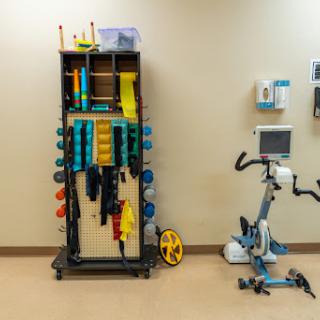 A well-equipped rehabilitation room featuring various weights and a stationary exercise bike.