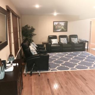 A cozy living room with a black sofa and armchair, decorated with a patterned rug, decorative pillows, and an indoor plant.