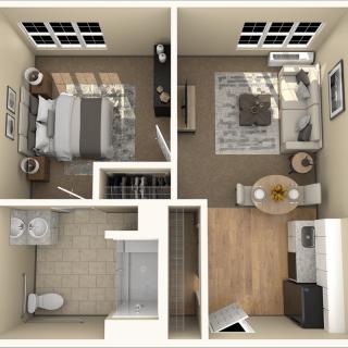 A 3D floor plan of a one-bedroom apartment featuring a living room, kitchen, bathroom, and bedroom.