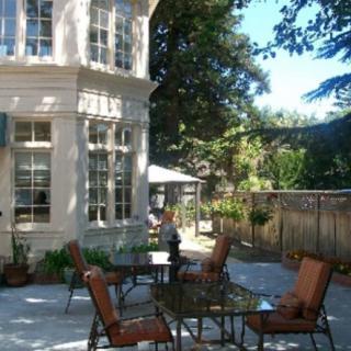 A sunny patio area with a table and chairs, surrounded by a garden and trees.