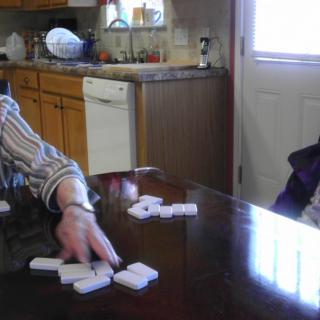 People playing dominoes at a kitchen table.