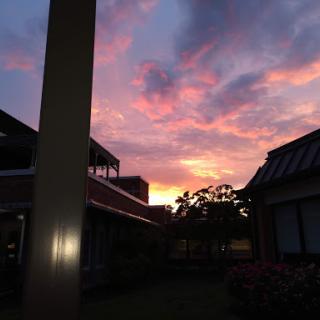 A serene sunset painted across the sky, framed by silhouettes of buildings.