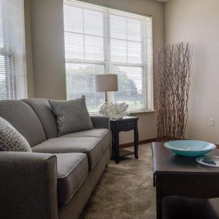 A cozy living room with a grey sofa, side table, and decorative elements.