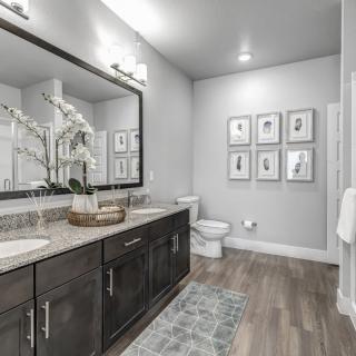 A modern bathroom featuring a double vanity with a large mirror, stylish decor, and elegant lighting.
