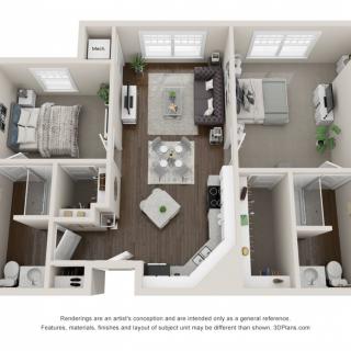 A 3D rendered floor plan of a two-bedroom apartment featuring a living room, kitchen, and two bathrooms.