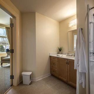 A well-lit bathroom with a wooden cabinet, sink, and mirror adjacent to a bright room.